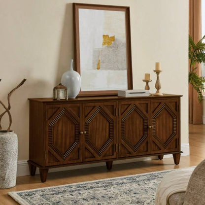65.2 Mid Modern Sideboard Buffet Cabinet with Storage, Symmetrical Geometric Accent Coffee Bar Wine Bar Storage Cabinet, Large Console Table Living Room/Entryway/Kitchen, Walnut