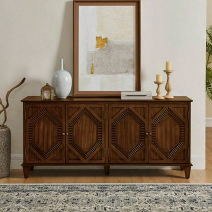 65.2 Mid Modern Sideboard Buffet Cabinet with Storage, Symmetrical Geometric Accent Coffee Bar Wine Bar Storage Cabinet, Large Console Table Living Room/Entryway/Kitchen, Walnut