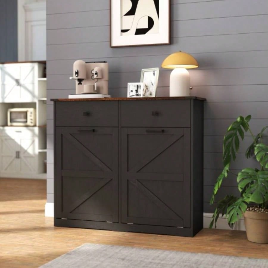 Farmhouse Black Double Tilt Out Trash Cabinet 20 Gallon Trash Cans, Standing Recycling Cabinet with Hideaway Drawer, Barn Door Style Laundry Sorter Cabinet, Tilt Out Trash Cabinet Kitchen