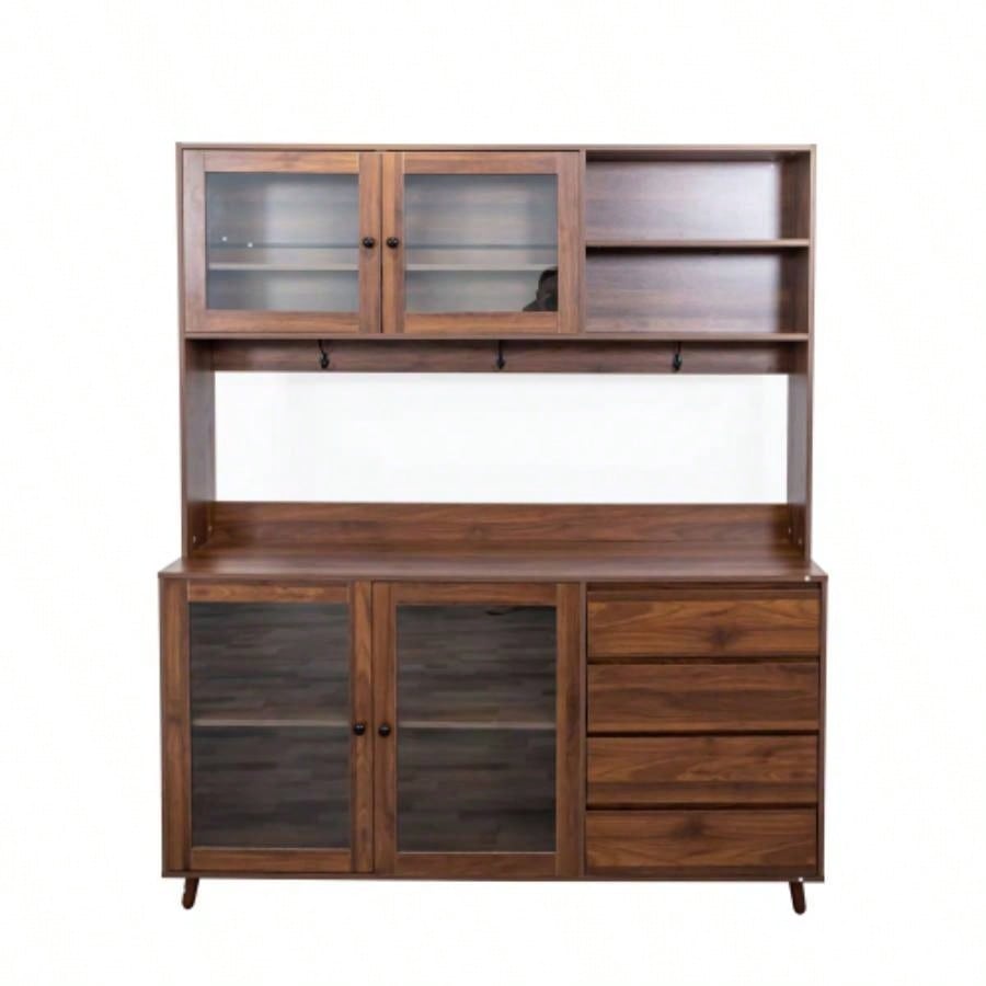 63 Large Kitchen Hutch Cabinet, Freestanding Pantry Cabinets Storage Kitchen Cupboard with 4 Doors, 4 Drawers Microwave Shelf, Walnut