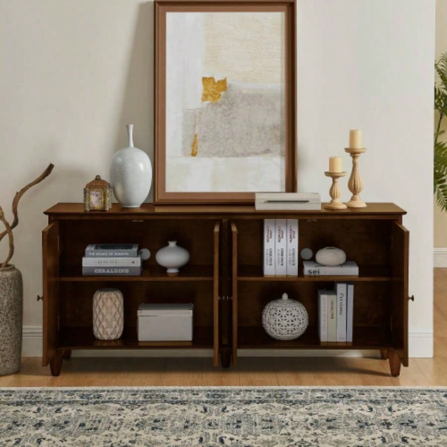 65.2 Mid Modern Sideboard Buffet Cabinet with Storage, Symmetrical Geometric Accent Coffee Bar Wine Bar Storage Cabinet, Large Console Table Living Room/Entryway/Kitchen, Walnut