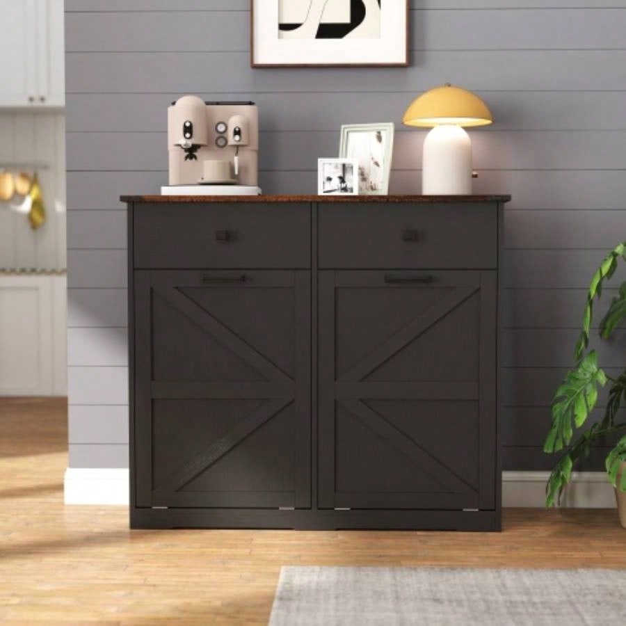 Farmhouse Black Double Tilt Out Trash Cabinet 20 Gallon Trash Cans, Standing Recycling Cabinet with Hideaway Drawer, Barn Door Style Laundry Sorter Cabinet, Tilt Out Trash Cabinet Kitchen