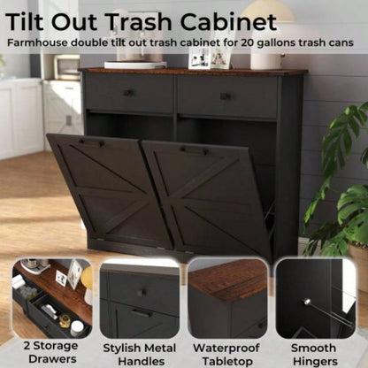 Farmhouse Black Double Tilt Out Trash Cabinet 20 Gallon Trash Cans, Standing Recycling Cabinet with Hideaway Drawer, Barn Door Style Laundry Sorter Cabinet, Tilt Out Trash Cabinet Kitchen