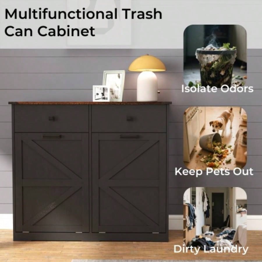 Farmhouse Black Double Tilt Out Trash Cabinet 20 Gallon Trash Cans, Standing Recycling Cabinet with Hideaway Drawer, Barn Door Style Laundry Sorter Cabinet, Tilt Out Trash Cabinet Kitchen