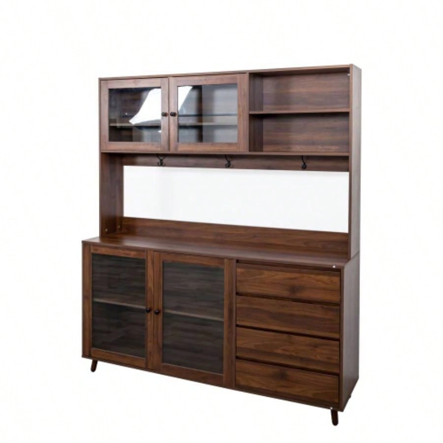 63 Large Kitchen Hutch Cabinet, Freestanding Pantry Cabinets Storage Kitchen Cupboard with 4 Doors, 4 Drawers Microwave Shelf, Walnut