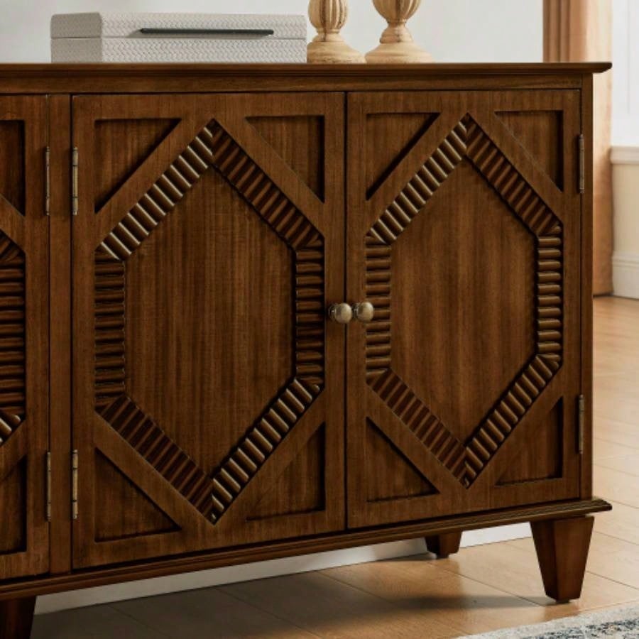 65.2 Mid Modern Sideboard Buffet Cabinet with Storage, Symmetrical Geometric Accent Coffee Bar Wine Bar Storage Cabinet, Large Console Table Living Room/Entryway/Kitchen, Walnut