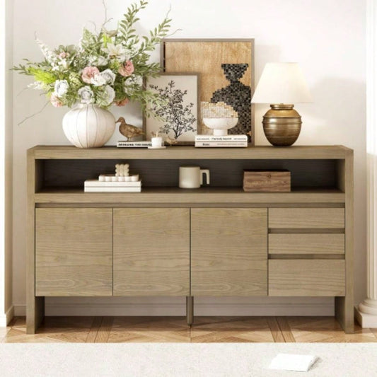 UStyle 60 3 - Door Sideboard with 3 Drawers - Modern Solid Ash Veneer MDF Sideboard, Semi - Open Shelf Center Semi - Circular Cutout in Back Panel, Large Storage Cabinet Living Room, Hallway, Dining