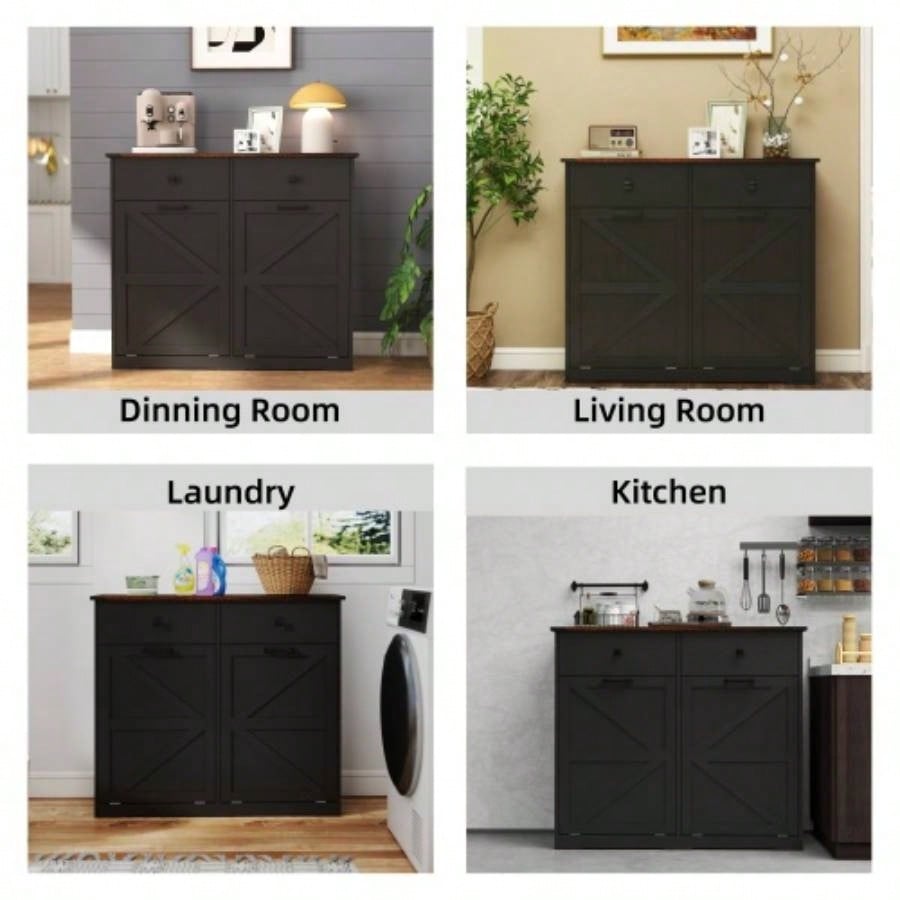 Farmhouse Black Double Tilt Out Trash Cabinet 20 Gallon Trash Cans, Standing Recycling Cabinet with Hideaway Drawer, Barn Door Style Laundry Sorter Cabinet, Tilt Out Trash Cabinet Kitchen
