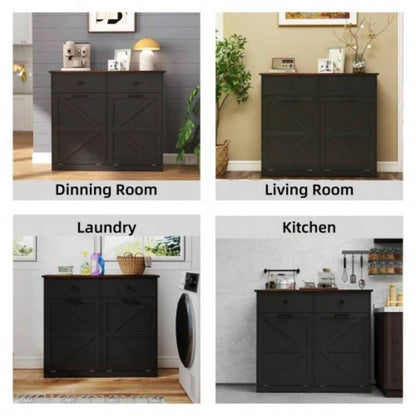 Farmhouse Black Double Tilt Out Trash Cabinet 20 Gallon Trash Cans, Standing Recycling Cabinet with Hideaway Drawer, Barn Door Style Laundry Sorter Cabinet, Tilt Out Trash Cabinet Kitchen