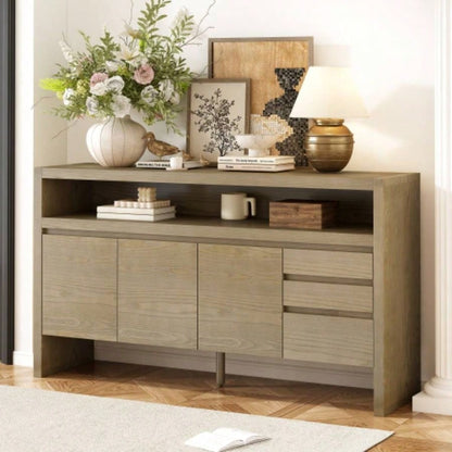 UStyle 60 3 - Door Sideboard with 3 Drawers - Modern Solid Ash Veneer MDF Sideboard, Semi - Open Shelf Center Semi - Circular Cutout in Back Panel, Large Storage Cabinet Living Room, Hallway, Dining