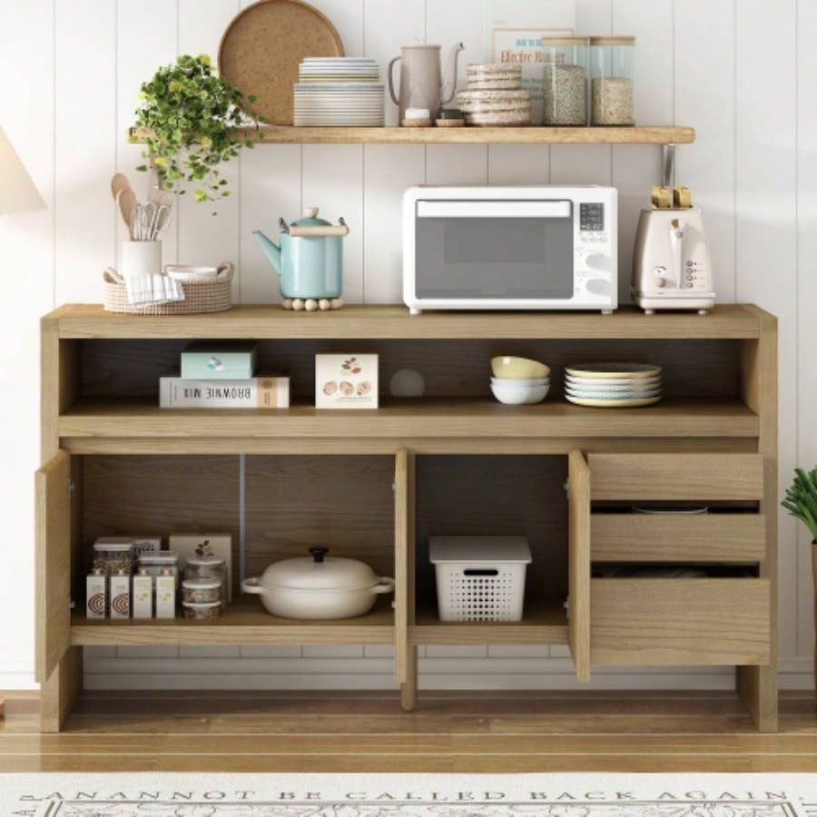 UStyle 60 3 - Door Sideboard with 3 Drawers - Modern Solid Ash Veneer MDF Sideboard, Semi - Open Shelf Center Semi - Circular Cutout in Back Panel, Large Storage Cabinet Living Room, Hallway, Dining