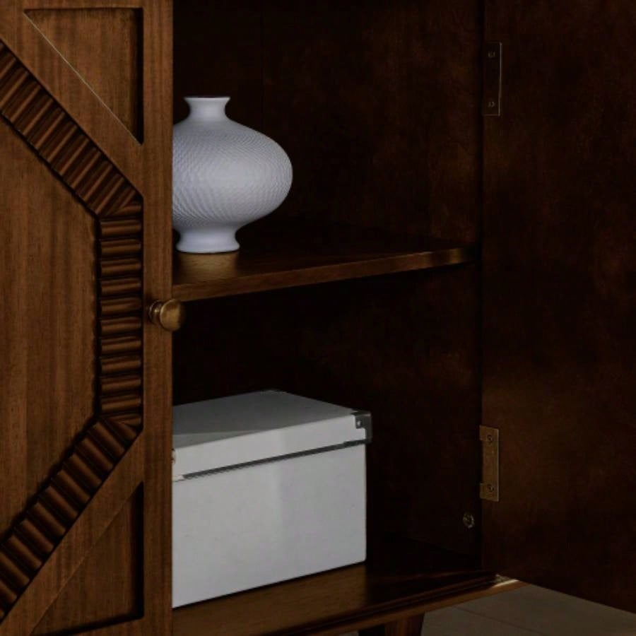 65.2 Mid Modern Sideboard Buffet Cabinet with Storage, Symmetrical Geometric Accent Coffee Bar Wine Bar Storage Cabinet, Large Console Table Living Room/Entryway/Kitchen, Walnut