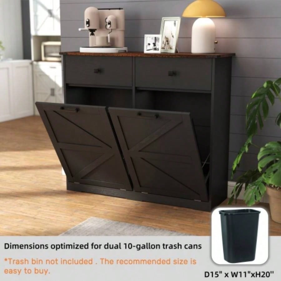 Farmhouse Black Double Tilt Out Trash Cabinet 20 Gallon Trash Cans, Standing Recycling Cabinet with Hideaway Drawer, Barn Door Style Laundry Sorter Cabinet, Tilt Out Trash Cabinet Kitchen