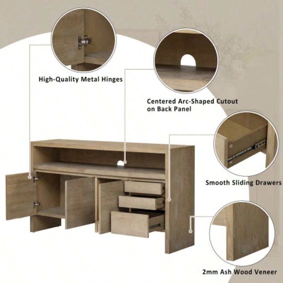 UStyle 60 3 - Door Sideboard with 3 Drawers - Modern Solid Ash Veneer MDF Sideboard, Semi - Open Shelf Center Semi - Circular Cutout in Back Panel, Large Storage Cabinet Living Room, Hallway, Dining