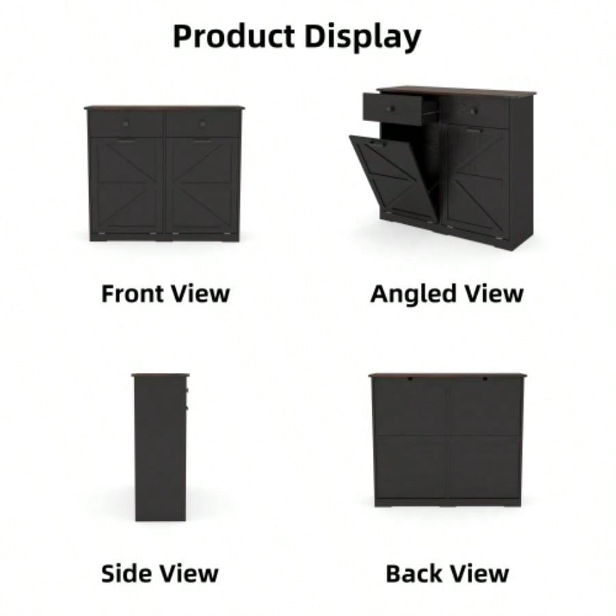 Farmhouse Black Double Tilt Out Trash Cabinet 20 Gallon Trash Cans, Standing Recycling Cabinet with Hideaway Drawer, Barn Door Style Laundry Sorter Cabinet, Tilt Out Trash Cabinet Kitchen