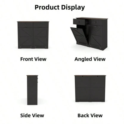 Farmhouse Black Double Tilt Out Trash Cabinet 20 Gallon Trash Cans, Standing Recycling Cabinet with Hideaway Drawer, Barn Door Style Laundry Sorter Cabinet, Tilt Out Trash Cabinet Kitchen