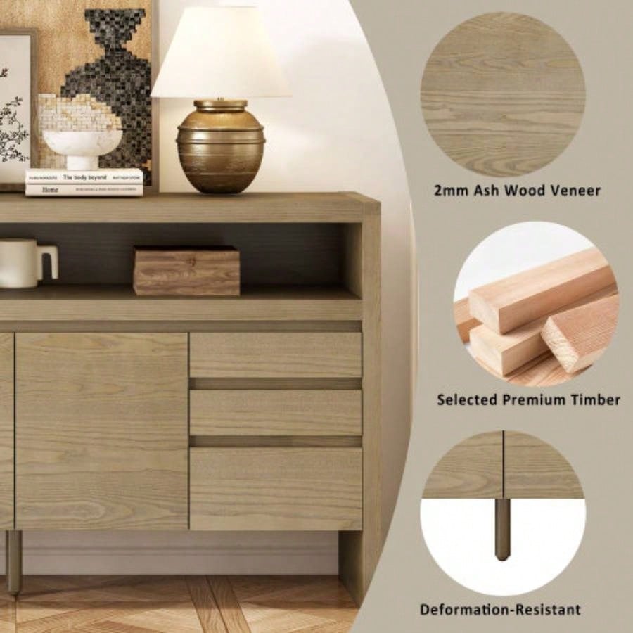 UStyle 60 3 - Door Sideboard with 3 Drawers - Modern Solid Ash Veneer MDF Sideboard, Semi - Open Shelf Center Semi - Circular Cutout in Back Panel, Large Storage Cabinet Living Room, Hallway, Dining