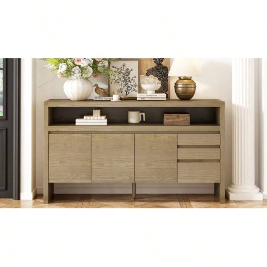 UStyle 60 3 - Door Sideboard with 3 Drawers - Modern Solid Ash Veneer MDF Sideboard, Semi - Open Shelf Center Semi - Circular Cutout in Back Panel, Large Storage Cabinet Living Room, Hallway, Dining