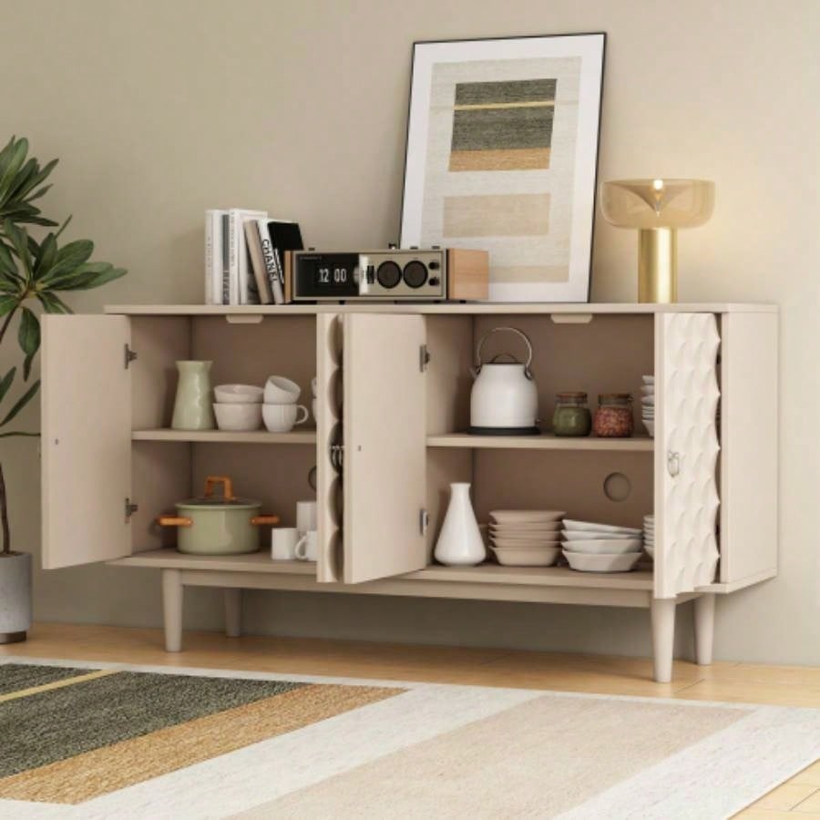TREXM Modern 4 - door Sideboard with Convex Pattern Doors and 2 Silver Handle Living Room, Dining Room, Kitchen Almond