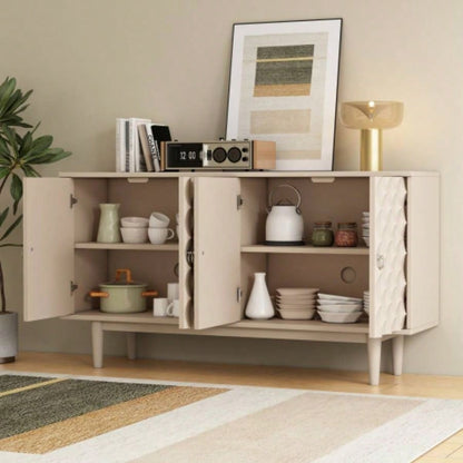 TREXM Modern 4 - door Sideboard with Convex Pattern Doors and 2 Silver Handle Living Room, Dining Room, Kitchen Almond