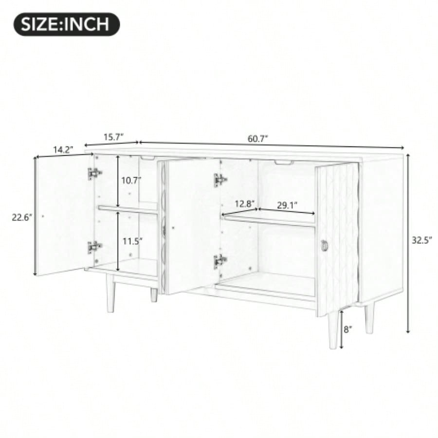 TREXM Modern 4 - door Sideboard with Convex Pattern Doors and 2 Silver Handle Living Room, Dining Room, Kitchen Almond