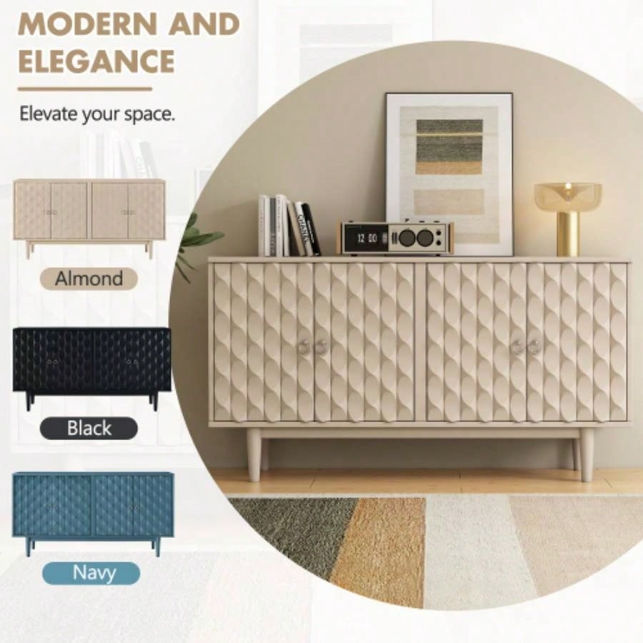 TREXM Modern 4 - door Sideboard with Convex Pattern Doors and 2 Silver Handle Living Room, Dining Room, Kitchen Almond