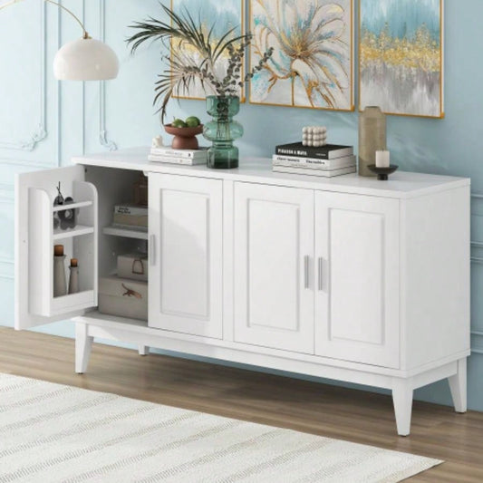 4 - Door Sideboard Storage Cabinet with Door Shelf Living Room and Dining Room, Two Large Cabinets with Adjustable Shelf, White