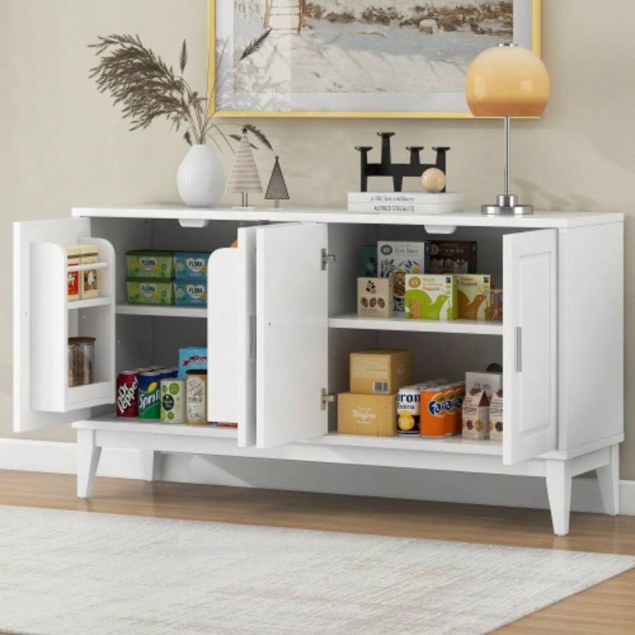 4 - Door Sideboard Storage Cabinet with Door Shelf Living Room and Dining Room, Two Large Cabinets with Adjustable Shelf, White