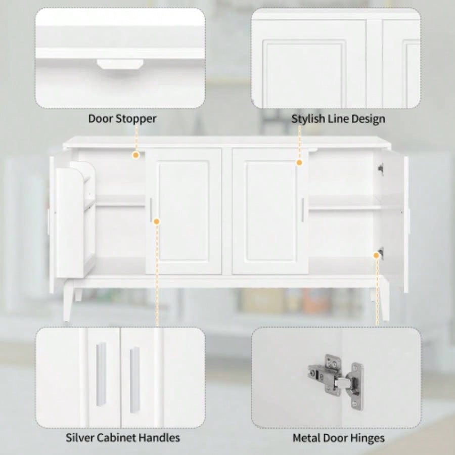 4 - Door Sideboard Storage Cabinet with Door Shelf Living Room and Dining Room, Two Large Cabinets with Adjustable Shelf, White