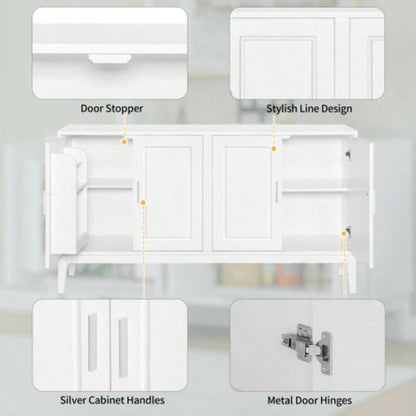4 - Door Sideboard Storage Cabinet with Door Shelf Living Room and Dining Room, Two Large Cabinets with Adjustable Shelf, White