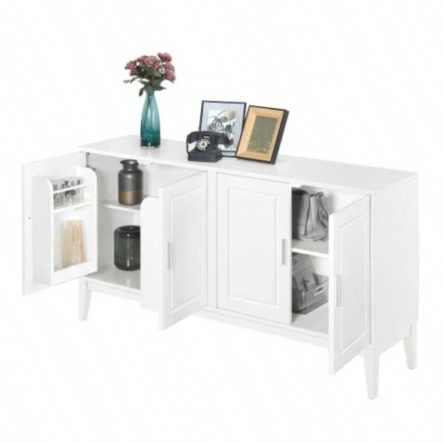 4 - Door Sideboard Storage Cabinet with Door Shelf Living Room and Dining Room, Two Large Cabinets with Adjustable Shelf, White