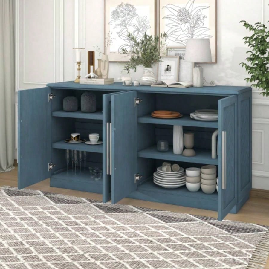 TREXM Sideboard Buffet Cabinet with Storage, Buffet Cabinet with Adjustable Shelves and Silver Handles Sideboard Cabinet Kitchen, Dining Room, Living Room, Antique Blue