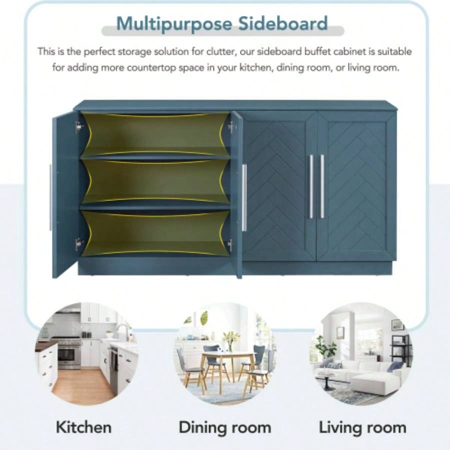 TREXM Sideboard Buffet Cabinet with Storage, Buffet Cabinet with Adjustable Shelves and Silver Handles Sideboard Cabinet Kitchen, Dining Room, Living Room, Antique Blue