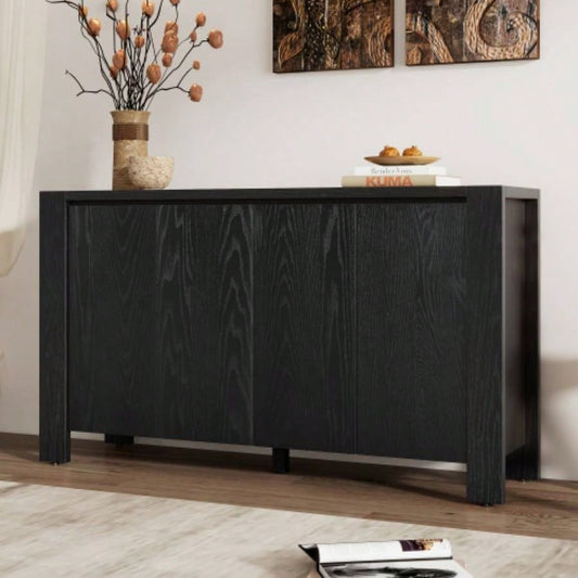 TREXM Buffet Cabinet with Storage, 4 - Door Retro Wood Sideboard with Distressed and Adjustable Shelves Dining Room, Kitchen, and Living Room Black