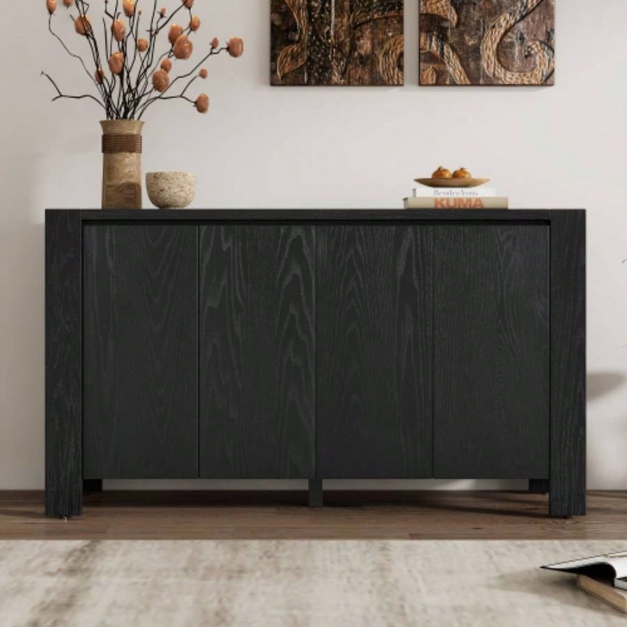 TREXM Buffet Cabinet with Storage, 4 - Door Retro Wood Sideboard with Distressed and Adjustable Shelves Dining Room, Kitchen, and Living Room Black