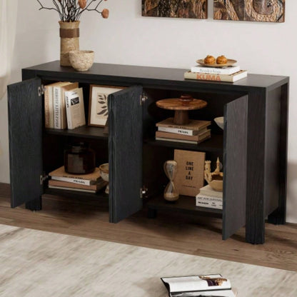 TREXM Buffet Cabinet with Storage, 4 - Door Retro Wood Sideboard with Distressed and Adjustable Shelves Dining Room, Kitchen, and Living Room Black