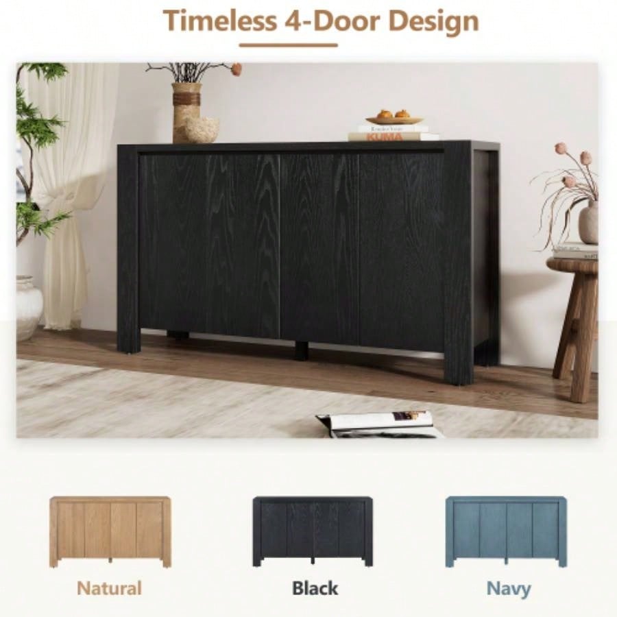 TREXM Buffet Cabinet with Storage, 4 - Door Retro Wood Sideboard with Distressed and Adjustable Shelves Dining Room, Kitchen, and Living Room Black