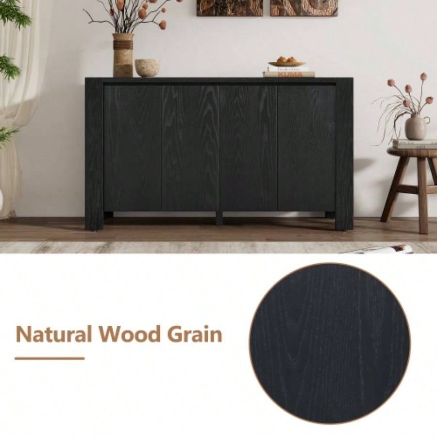 TREXM Buffet Cabinet with Storage, 4 - Door Retro Wood Sideboard with Distressed and Adjustable Shelves Dining Room, Kitchen, and Living Room Black