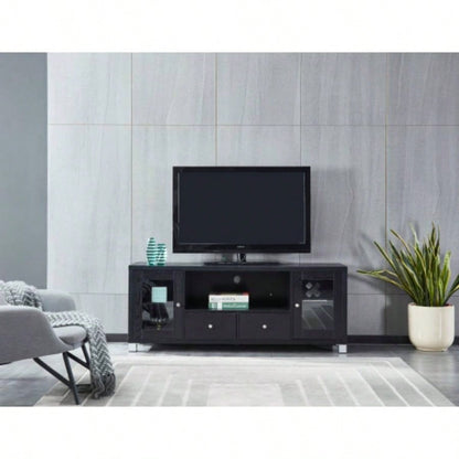 Wood TV stand Media Console with Storage Cabinet Living Room, Bedroom, Black - Wood Grain