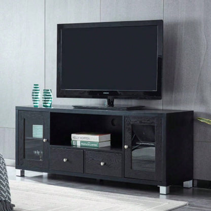 Wood TV stand Media Console with Storage Cabinet Living Room, Bedroom, Black - Wood Grain