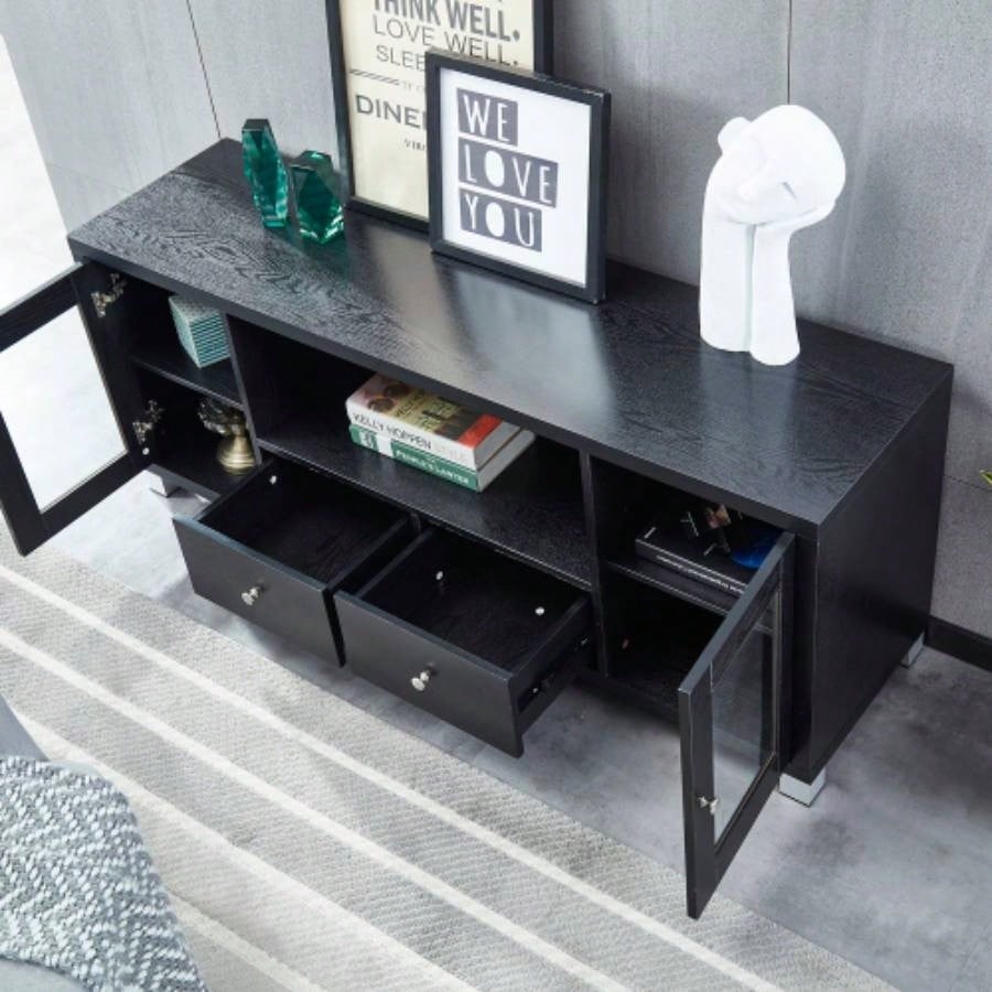 Wood TV stand Media Console with Storage Cabinet Living Room, Bedroom, Black - Wood Grain