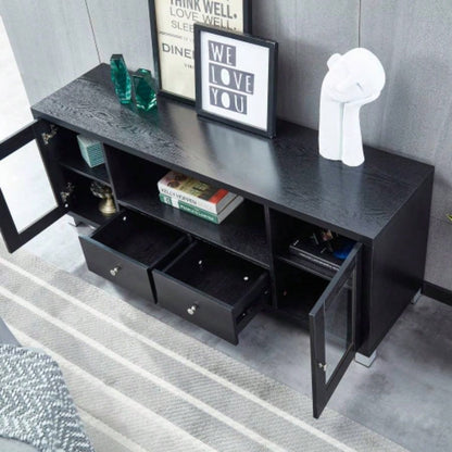 Wood TV stand Media Console with Storage Cabinet Living Room, Bedroom, Black - Wood Grain