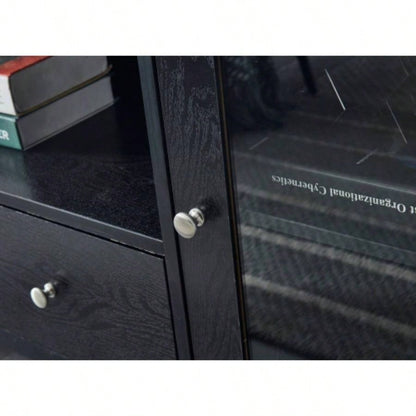 Wood TV stand Media Console with Storage Cabinet Living Room, Bedroom, Black - Wood Grain