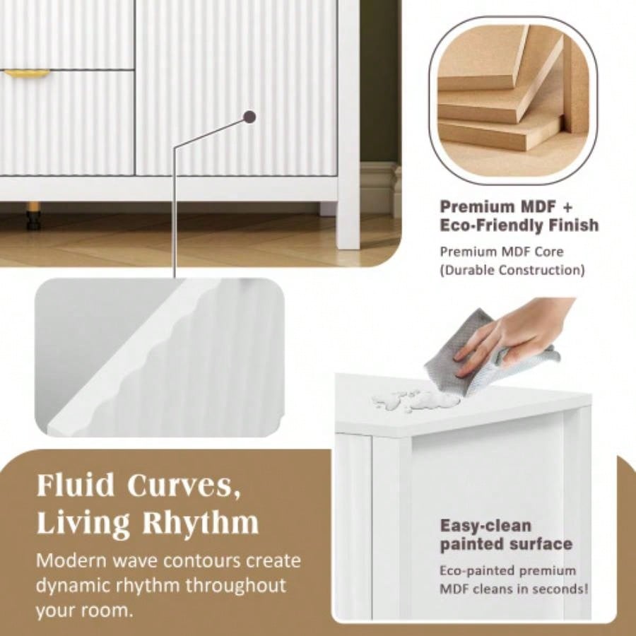 USTYLE Sideboard with Wave Design - 3 Adjustable Shelves, 3 Drawers Soft - Close Doors, Storage Console Table with Metal Handles, Suitable Study, Hallway and Living Room, 3 Colors