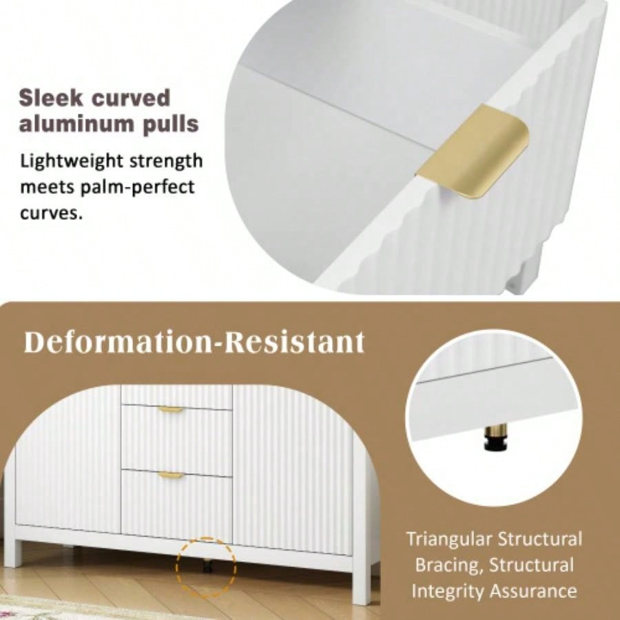 USTYLE Sideboard with Wave Design - 3 Adjustable Shelves, 3 Drawers Soft - Close Doors, Storage Console Table with Metal Handles, Suitable Study, Hallway and Living Room, 3 Colors