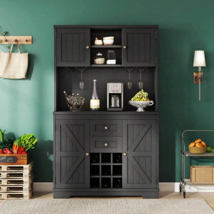 Coffee Bar Cabinet Kitchen Cabinet with Storage, Farmhouse Wine Cabinet with Drawers shelves and cabinets, Buffet Cabinet Wine Glass Racks Dining Room, Kitchen, Black