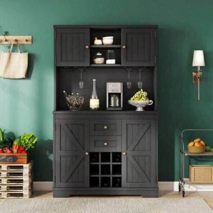 Coffee Bar Cabinet Kitchen Cabinet with Storage, Farmhouse Wine Cabinet with Drawers shelves and cabinets, Buffet Cabinet Wine Glass Racks Dining Room, Kitchen, Black