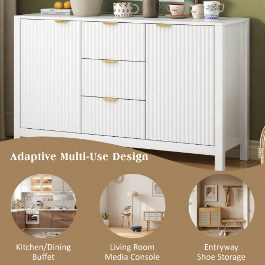 USTYLE Sideboard with Wave Design - 3 Adjustable Shelves, 3 Drawers Soft - Close Doors, Storage Console Table with Metal Handles, Suitable Study, Hallway and Living Room, 3 Colors