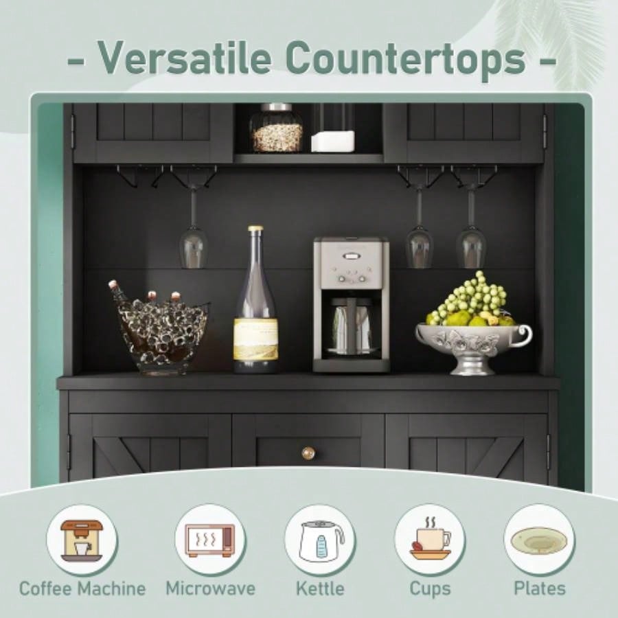 Coffee Bar Cabinet Kitchen Cabinet with Storage, Farmhouse Wine Cabinet with Drawers shelves and cabinets, Buffet Cabinet Wine Glass Racks Dining Room, Kitchen, Black
