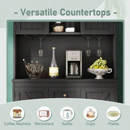 Coffee Bar Cabinet Kitchen Cabinet with Storage, Farmhouse Wine Cabinet with Drawers shelves and cabinets, Buffet Cabinet Wine Glass Racks Dining Room, Kitchen, Black